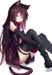 Rule 34 | 1girl, animal ears, arknights, black gloves, black hair, black thighhighs, cat ears, cat tail, choker, clothes between thighs, elbow gloves, gloves, hand on own knee, highres, konome noi, long hair, looking at viewer, melantha (arknights), purple eyes, sitting, skindentation, solo, tail, thighhighs, white background