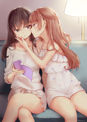 Rule 34 | 2girls, bare arms, bare shoulders, black eyes, black hair, blush, book, breasts, brown eyes, brown hair, collarbone, commentary request, couch, crossed legs, dress, fingernails, flat chest, half updo, hand on another&#039;s cheek, hand on another&#039;s face, hazuki natsu, highres, holding, holding book, lamp, long hair, looking at another, medium breasts, multiple girls, on couch, open book, original, parted lips, shirt, sidelocks, sitting, sleeveless, sleeveless dress, spaghetti strap, thighs, twitter username, white dress, white shirt, yuri