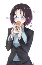 Rule 34 | &gt;:o, 10s, 1girl, :o, black-framed eyewear, black jacket, black skirt, blazer, blue eyes, blue necktie, blue sweater, blush, breasts, buttons, collar, collared shirt, eating, elma (maidragon), eyelashes, fang, fingernails, food, food on face, fpanda, glasses, gradient hair, highres, holding, holding food, jacket, kobayashi-san chi no maidragon, large breasts, long sleeves, looking down, multicolored hair, necktie, office lady, open mouth, parted bangs, purple hair, semi-rimless eyewear, shirt, short hair, signature, simple background, skirt, slit pupils, solo, sound effects, sweater, tsurime, two-tone hair, upper body, v-shaped eyebrows, white background
