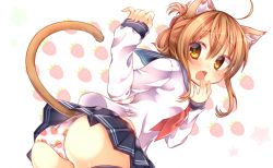 Rule 34 | 10s, 1girl, ahoge, animal ears, ass, black skirt, brown eyes, brown hair, cat ears, cat tail, chihio, chihiro (khorosho), folded ponytail, food print, from behind, inazuma (kancolle), kantai collection, kemonomimi mode, long hair, long sleeves, looking back, neckerchief, open mouth, panties, pleated skirt, ponytail, print panties, school uniform, serafuku, simple background, skirt, solo, strawberry panties, strawberry print, tail, underwear