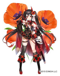 Rule 34 | 1girl, absurdres, asymmetrical legwear, belt, black hair, black shirt, black skirt, black sleeves, black thighhighs, cape, closed mouth, detached sleeves, drawing sword, flower, flower knight girl, full body, hair flower, hair ornament, highres, holding, holding sword, holding weapon, horns, katana, kneehighs, legs apart, long hair, looking at viewer, mask, miniskirt, name connection, object namesake, official art, oni horns, oni mask, onigeshi (flower knight girl), poppy (flower), red cape, red eyes, red footwear, red horns, sakofu, scabbard, sheath, shirt, shoes, single kneehigh, single sock, single thighhigh, skirt, sleeveless, sleeveless shirt, socks, solo, standing, sword, thighhighs, twintails, weapon