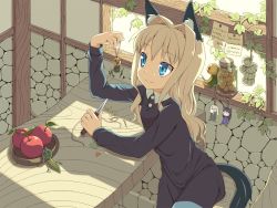 Rule 34 | 1girl, animal ears, apple, bad id, bad pixiv id, black dress, blonde hair, blue eyes, chisel, clothing cutout, commentary, dress, eyebrows, food, fruit, hair intakes, holding, ikura hato, indoors, ivy, jar, long hair, long sleeves, smile, solo, tail, tail through clothes, wavy hair