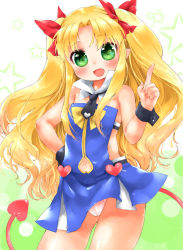 Rule 34 | 1girl, astarotte ygvar, bad id, bad pixiv id, blonde hair, blush, clothing cutout, demon girl, demon tail, detached collar, dress, fang, green eyes, hair ribbon, head tilt, long hair, lotte no omocha!, mutou mato, navel, navel cutout, panties, pointy ears, ribbon, smile, solo, tail, twintails, two side up, underwear, wrist cuffs