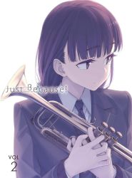 Rule 34 | 1girl, blu-ray cover, blunt bangs, brown hair, commentary request, copyright name, cover, himura kiseki, instrument, just because!, mole, mole under eye, morikawa hazuki, school uniform, simple background, trumpet, white background