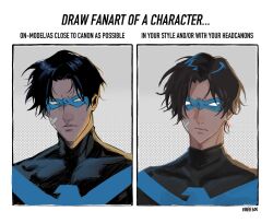 Rule 34 | 1boy, bandaid, bandaid on cheek, bandaid on face, batman (series), beens 1995, black bodysuit, black hair, blue bodysuit, bodysuit, closed mouth, crossed bandaids, dc comics, dick grayson, domino mask, draw fanart challenge, english text, highres, looking at viewer, male focus, mask, muscular, muscular male, nightwing, short hair, simple background, superhero costume, taut bodysuit, two-tone bodysuit, western comics (style)