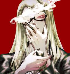 Rule 34 | 1boy, 2016-514, absurdres, black jacket, black nails, blonde hair, cigarette, fate/grand order, fate (series), highres, holding, holding cigarette, holding lighter, jacket, lighter, long hair, looking at viewer, male focus, open clothes, open jacket, orange-tinted eyewear, red background, shirt, simple background, smoke, smoking, solo, sunglasses, tezcatlipoca (fate), tinted eyewear, upper body, white shirt