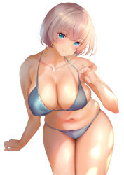 Rule 34 | 1girl, absurdres, bikini, blonde hair, blue eyes, breasts, cleavage, curvy, grey bikini, highres, inushima, large breasts, looking at viewer, love handles, navel, original, plump, short hair, simple background, smile, solo, swimsuit, thighs, white background
