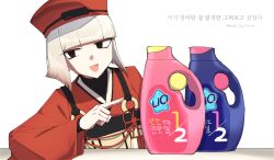 Rule 34 | 1girl, black eyes, blunt bangs, bottle, breasts, detergent, fate/grand order, fate (series), grey hair, hat, highres, house tag denim, japanese clothes, kimono, long sleeves, looking at viewer, open mouth, pointing, red hat, red kimono, sen no rikyu (fate), sen no rikyu (first ascension) (fate), short hair, small breasts, smile, tassel, translation request, wide sleeves