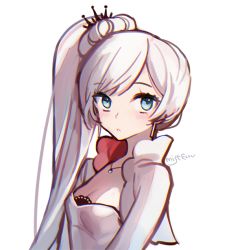 Rule 34 | 1girl, bad id, bad twitter id, blue eyes, breasts, cleavage, commentary request, earrings, ecru, jacket, jewelry, korean commentary, necklace, rwby, scar, scar across eye, scar on face, twitter username, weiss schnee, white background, white hair