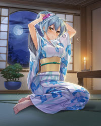 Rule 34 | 1girl, adjusting hair, arms up, barefoot, blue hair, candle, candlelight, feet, floral print, full moon, hair ornament, indoors, japanese clothes, kimono, light blue hair, long sleeves, looking at viewer, moon, night, obi, official art, on floor, orsaga capture, parted lips, sash, sitting, solo, toes, torte (orsaga capture), updo, wide sleeves, window, yellow eyes, yokozuwari