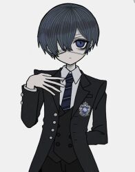 Rule 34 | 1boy, arm behind back, badge, bishounen, black jacket, black pants, blazer, blue eyes, blue hair, blue necktie, buttons, ciel phantomhive, closed mouth, collared shirt, expressionless, eyepatch, fusigi nano, hair over one eye, hand up, jacket, kuroshitsuji, looking at viewer, male focus, necktie, open clothes, open jacket, pants, shirt, short hair, simple background, solo, striped necktie, white background, white shirt