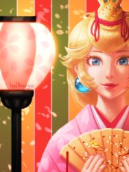 Rule 34 | 1girl, bellhenge, blonde hair, blue eyes, crown, highres, japanese clothes, kimono, lips, long hair, mario (series), md5 mismatch, nail polish, nintendo, nose, princess peach, resized, resolution mismatch, smile, solo, source smaller, upscaled