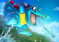 Rule 34 | blurry, cloud, commentary request, creatures (company), day, game freak, gen 2 pokemon, kaosu (kaosu0905), nintendo, no humans, open mouth, outdoors, pokemon, pokemon (creature), red eyes, sharp teeth, sky, solo, sparkle, teeth, tongue, totodile, water, water drop