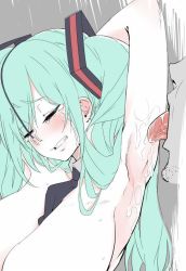 Rule 34 | 1boy, 1girl, aqua hair, licking armpit, armpits, arms behind head, bdsm, between breasts, blush, bow, breasts, clenched teeth, closed eyes, crying, detached collar, facial hair, hair bow, hatsune miku, large breasts, licking, long hair, naked necktie, necktie, necktie between breasts, nose hook, nude, sakurai energy, saliva, saliva trail, simple background, stubble, teeth, tongue, tongue out, twintails, vocaloid