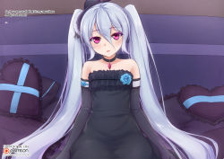 Rule 34 | ..., 1girl, bare shoulders, black dress, black gloves, black neckwear, blush, bridal gauntlets, choker, dress, elbow gloves, english text, flat chest, gloves, granblue fantasy, hair between eyes, head tilt, heart, heart-shaped pillow, indoors, long hair, looking at viewer, mind control, orchis, parted lips, patreon logo, patreon username, pillow, pink eyes, pov, sitting, solo focus, twintails, vahn yourdoom, very long hair, watermark, white hair
