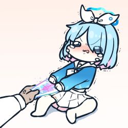 Rule 34 | 1girl, anger vein, arona (blue archive), blue archive, blue hair, blue shirt, blush, chibi, colored inner hair, crying, crying with eyes open, halo, long sleeves, multicolored hair, piki (itpiki), pink hair, pulling, shirt, short hair, simple background, sitting, skirt, solo focus, tears, trembling, white skirt