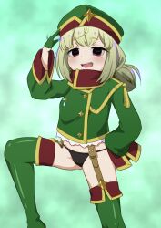 Rule 34 | 1girl, aged down, black panties, boots, breasts, double bun, eyebrows hidden by hair, feet out of frame, garter belt, gloves, green background, green footwear, green hair, green hat, green jacket, hair bun, half gloves, hat, highres, jacket, knee up, leoparde (mahou shoujo ni akogarete), looking at viewer, mahou shoujo ni akogarete, military hat, military jacket, military rank insignia, mole, mole under eye, open mouth, panties, red eyes, salute, small breasts, smile, solo, teeth, thigh boots, underwear, upper teeth only, wakata24s