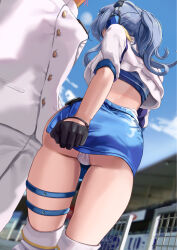 Rule 34 | 1boy, 1girl, admiral (kancolle), ass, blue hair, blue tube top, boots, chicken (chickenx), from behind, gloves, gotland (kancolle), half gloves, highres, kantai collection, long hair, microskirt, military, military uniform, miniskirt, naval uniform, panties, panty peek, race queen, shrug (clothing), skirt, strapless, thigh strap, thighs, tube top, tugging, underwear, uniform, white panties