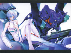 Rule 34 | 1girl, absurdres, ayanami rei, bandages, bare shoulders, blue hair, breasts, cast, cockpit, color halftone, eva 01, eyepatch, highres, interface headset, looking to the side, mecha, medium breasts, neon genesis evangelion, neon genesis evangelion (manga), official art, one eye covered, plugsuit, red eyes, robot, sadamoto yoshiyuki, scan, signature, sitting, solo