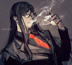 Rule 34 | 1boy, bespectacled, black hair, cigarette, fate/grand order, fate/zero, fate (series), glasses, green eyes, hair between eyes, koshika rina, long hair, looking at viewer, lord el-melloi ii, male focus, necktie, open mouth, red necktie, smoking, solo, waver velvet, zhuge liang