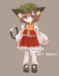 Rule 34 | 1girl, animal ear fluff, animal ears, brown eyes, brown hair, cat ears, cat tail, chen, closed mouth, doryata, earrings, fingernails, full body, grey background, hat, highres, jewelry, light smile, long fingernails, mary janes, mob cap, multiple tails, nail polish, nekomata, red nails, red skirt, red vest, sharp fingernails, shoes, simple background, skirt, skirt set, solo, standing, swept bangs, tail, touhou, two tails, vest