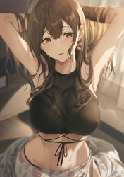 Rule 34 | 1girl, ahoge, armpits, arms behind head, arms up, bare shoulders, blurry, blurry background, blush, breasts, brown eyes, brown hair, duplicate, highres, idolmaster, idolmaster shiny colors, indoors, kuwayama chiyuki, large breasts, long hair, looking at viewer, parted lips, revision, sarong, sola (solo0730), solo, wet, yellow eyes
