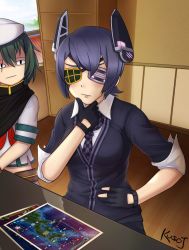 Rule 34 | 10s, 2girls, :/, aircraft carrier princess, artist name, black gloves, blush, cardigan, checkered clothes, checkered necktie, checkered neckwear, closed mouth, collared shirt, commentary, crop top, double eyepatch, gloves, green hair, hand on own hip, hand on own chin, headgear, highres, jacy, kantai collection, kiso (kancolle), looking at another, map, midriff, multiple girls, neckerchief, necktie, partially fingerless gloves, photo-referenced, purple hair, scar, scar across eye, scar on face, shirt, short sleeves, sitting, submarine princess, tenryuu (kancolle), wainscoting, white shirt, wing collar, wo-class aircraft carrier, wooden floor
