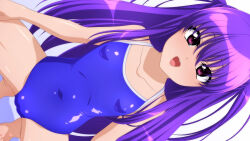 Rule 34 | 1girl, absurdres, blue one-piece swimsuit, breasts, cameltoe, collarbone, competition school swimsuit, covered navel, dutch angle, highres, long hair, looking at viewer, one-piece swimsuit, open mouth, original, purple eyes, purple hair, round teeth, school swimsuit, sideways, small breasts, smile, solo, squatting, sugimura tomokazu, swimsuit, teeth, two side up, upper teeth only