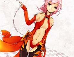 Rule 34 | 10s, 1girl, absurdres, bare shoulders, belly, black thighhighs, breasts, center opening, cleavage, detached sleeves, fingerless gloves, gloves, guilty crown, hair ornament, hairclip, highres, long hair, looking at viewer, navel, pink hair, pixelduhst, red eyes, small breasts, solo, stomach, thighhighs, twintails, yuzuriha inori