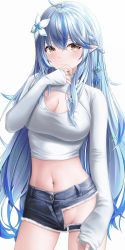 Rule 34 | 1girl, absurdres, ahoge, blue hair, braid, breasts, cleavage, cleavage cutout, clothing cutout, cowboy shot, crop top, cutoffs, flower, hair flower, hair ornament, half updo, hand up, highres, hololive, large breasts, long hair, long sleeves, looking at viewer, multicolored hair, navel, pointy ears, shira jun, shirt, short shorts, shorts, simple background, sleeves past wrists, solo, stomach, streaked hair, taut clothes, taut shirt, thighs, torn clothes, torn shorts, two-tone hair, virtual youtuber, white background, white flower, white shirt, yellow eyes, yukihana lamy