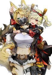 2girls ;d animal_ear_fluff animal_ears artist_name belt black_choker black_gloves black_jacket black_mask black_shorts black_skirt black_sleeves blonde_hair body_fur breasts brown_fur burnice_white cat_ears cat_girl cat_tail choker commentary_request cowboy_shot crop_top cross-laced_clothes cross-laced_sleeves cutoffs detached_sleeves eyewear_on_head fingerless_gloves furry furry_female gloves green_eyes hair_intakes hand_up high_heels highres hug hug_from_behind jacket large_breasts long_sleeves looking_at_viewer mask midriff mouth_mask multicolored_fur multiple_girls navel one_eye_closed open_clothes open_jacket open_mouth parted_bangs pouch print_sleeves pulchra_fellini red-tinted_eyewear red_eyes shirt short_shorts shorts simple_background skirt sleeveless sleeveless_jacket smile spiked_jacket spikes standing stomach sunglasses tail thigh_pouch thigh_strap tinted_eyewear to_te_na twintails twitter_username watermark white_background white_fur white_shirt yellow_fur zenless_zone_zero