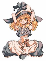 Rule 34 | 1girl, apron, arms up, black footwear, black hat, black skirt, black vest, blonde hair, blush stickers, bow, braid, buttons, closed mouth, commentary, frilled skirt, frills, full body, hair bow, hands on headwear, hat, hat bow, highres, kirisame marisa, loafers, long hair, looking at viewer, mushroom, puffy short sleeves, puffy sleeves, rinne030, shirt, shoes, short sleeves, simple background, single braid, sitting, skirt, skirt basket, smile, solo, touhou, vest, waist apron, white apron, white background, white bow, white shirt, witch hat, yellow eyes