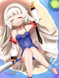 Rule 34 | &gt; &lt;, :s, azur lane, bandana, bare shoulders, baseball bat, beach, blue one-piece swimsuit, blush, breasts, choker, closed eyes, closed mouth, collar, collared jacket, commentary request, covered navel, cross, expressions, facial expressions, food, fruit, gloves, hat, highres, holding, holding baseball bat, hugging own legs, iron cross, jacket, knees up, long hair, lying, makalo ni hakase, mole, mole under eye, necktie, on back, one-piece swimsuit, open clothes, open jacket, outdoors, red collar, sand, shiny skin, small breasts, solo, straw hat, swimsuit, very long hair, water, watermelon, wavy mouth, wet, wet clothes, white hair, white jacket, yellow eyes, yellow gloves, z46 (azur lane), z46 (her first summer) (azur lane)