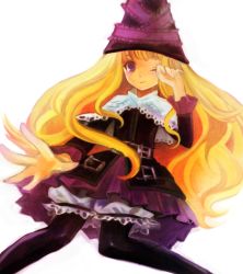Rule 34 | 1girl, bad id, bad pixiv id, black pantyhose, blonde hair, grimgrimoire, hat, hinata (waterdrop), lillet blan, long hair, one eye closed, outstretched arm, outstretched hand, pantyhose, purple eyes, simple background, solo, very long hair, white background, wink, wizard hat