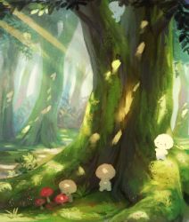 Rule 34 | 4others, bad id, bad pixiv id, blush stickers, closed eyes, closed mouth, commentary request, dappled sunlight, day, closed eyes, forest, grass, highres, light rays, manino (mofuritaionaka), moss, multiple others, mushroom, nature, no humans, original, outdoors, scenery, signature, smile, sunbeam, sunlight, tree, u u