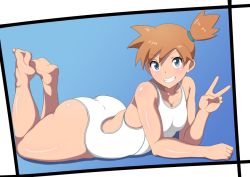 Rule 34 | 1girl, ass, asymmetrical hair, back, blue eyes, blush, breasts, creatures (company), curvy, game freak, grin, legs, looking at viewer, lying, medium breasts, misty (pokemon), nintendo, on stomach, orange hair, oryutoo, plump, pokemon, pokemon hgss, ponytail, shiny skin, side ponytail, smile, solo, swimsuit, thick thighs, thighs, v