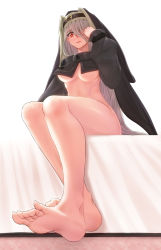 Rule 34 | 1girl, arknights, bare legs, barefoot, black capelet, breasts, capelet, feet, foot focus, foreshortening, full body, habit, hair between eyes, hand up, highres, linea alba, long hair, looking at viewer, medium breasts, mixed-language commentary, nun, on bed, red eyes, silver hair, simple background, sitting, soles, solo, specter (arknights), stomach, thighs, toes, underboob, very long hair, white background, yamauchi (conan-comy)