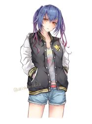 Rule 34 | 1girl, akira (aky-la), artist name, blue hair, casual, cowboy shot, denim, denim shorts, gradient hair, hands in pockets, jacket, letterman jacket, long hair, looking at viewer, multicolored hair, phantasy star, phantasy star online 2, quna (pso2), red eyes, shorts, simple background, solo, twintails, twitter username, white background