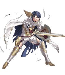 Rule 34 | 1boy, alfonse (fire emblem), armor, blonde hair, blue eyes, blue hair, boots, cape, feathers, fire emblem, fire emblem heroes, full body, gloves, hair ornament, highres, injury, kozaki yuusuke, male focus, multicolored hair, nintendo, official art, scale armor, shield, solo, sword, teeth, transparent background, two-tone hair, weapon