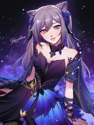 Rule 34 | 1girl, bare shoulders, blue dress, breasts, collar, cone hair bun, covered navel, detached sleeves, double bun, dress, feathers, flower, genshin impact, hair bun, hair ornament, highres, keqing (genshin impact), keqing (opulent splendor) (genshin impact), long hair, official alternate costume, purple eyes, purple hair, rezoeline, solo, twintails
