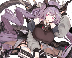 Rule 34 | 1girl, arknights, arm up, arrow (projectile), black dress, blush, bow (weapon), breasts, coat, commentary, compound bow, dress, drill hair, grey coat, highres, holding, holding bow (weapon), holding weapon, horns, huge breasts, long hair, looking at viewer, off shoulder, open mouth, pink eyes, purple hair, quiver, shiduki eku, solo, tail, typhon (arknights), very long hair, weapon