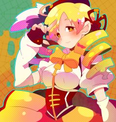 Rule 34 | 10s, 1girl, beret, blonde hair, bow, breasts, detached sleeves, drill hair, female focus, fingerless gloves, gloves, hair ornament, hat, magical girl, mahou shoujo madoka magica, mahou shoujo madoka magica (anime), medium breasts, pleated skirt, puffy sleeves, skirt, solo, tomoe mami, yellow eyes, zippo (3756c)