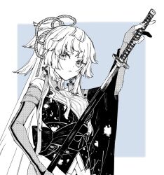 Rule 34 | 1girl, blue background, border, breasts, closed mouth, commentary request, drawing sword, fate/grand order, fate (series), gloves, greyscale with colored background, holding, holding sword, holding weapon, japanese clothes, kishimen hair, long hair, looking at viewer, mo (aabx315), obi, outside border, partially fingerless gloves, ponytail, sash, single wide sleeve, solo, spot color, sword, upper body, very long hair, weapon, white border, yui shousetsu (third ascension) (fate)