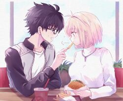 Rule 34 | 1boy, 1girl, antenna hair, arcueid brunestud, black hair, blonde hair, blush, burger, commentary request, cup, disposable cup, feeding, food, french fries, indoors, jacket, jewelry, long sleeves, muko (4moiut), necklace, open clothes, open jacket, open mouth, shirt, short hair, sitting, sweatdrop, sweater, tohno shiki, tsukihime, tsukihime (remake), turtleneck, turtleneck sweater, upper body, white shirt, white sweater