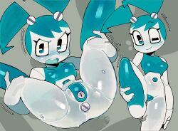 Rule 34 | 1girl, anus, blue eyes, blue hair, bottomless, breasts, colored skin, jenny wakeman, midriff, my life as a teenage robot, navel, one eye closed, presenting pussy, pussy, robot, robot girl, small breasts, spread legs, swept bangs, twintails, wamudraws, white skin