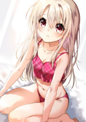 Rule 34 | 1girl, absurdres, bad id, bad pixiv id, barefoot, bikini, breasts, brown hair, cleavage, fate/kaleid liner prisma illya, fate (series), highres, illyasviel von einzbern, kise itsuki, long hair, navel, pink bikini, red eyes, simple background, sitting, small breasts, solo, swimsuit, thighs, white background