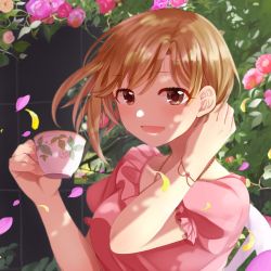Rule 34 | 1girl, aiba yumi, blush, bracelet, breasts, brown hair, cup, flower, frilled shirt, frilled sleeves, frills, hand on own neck, highres, holding, holding cup, idolmaster, idolmaster cinderella girls, idolmaster cinderella girls starlight stage, jewelry, leaf, looking at viewer, medium breasts, necklace, open mouth, petals, pink shirt, ponzu (rrrritisu), puffy short sleeves, puffy sleeves, rose, shirt, short hair, short sleeves, sitting, smile, solo, tea, upper body, wall
