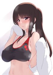 Rule 34 | 1girl, black hair, black sports bra, blush, breasts, brown eyes, cleavage, collarbone, corrupted twitter file, girls und panzer, highres, kuzuryuu kennosuke, large breasts, long hair, looking at viewer, navel, nishizumi shiho, open mouth, ponytail, simple background, smile, solo, sports bra, sweat, towel, upper body, white background