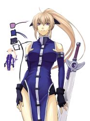 Rule 34 | 00s, 1girl, bare shoulders, black gloves, blonde hair, blue dress, breasts, cowboy shot, cropped legs, detached sleeves, dress, fingerless gloves, gloves, laevatein (nanoha), long hair, looking at viewer, lyrical nanoha, mahou shoujo lyrical nanoha, mahou shoujo lyrical nanoha strikers, nakayama yukiji, planted, planted sword, planted weapon, ponytail, purple eyes, side slit, signum, solo, sword, turtleneck, weapon, whip sword