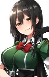 Rule 34 | 1girl, belt, black eyes, black gloves, black hair, bow, bowtie, breasts, chikuma (kancolle), elbow gloves, gloves, highres, kantai collection, katsuobushi (eba games), large breasts, long hair, looking at viewer, red bow, red bowtie, single elbow glove, smile, solo, upper body
